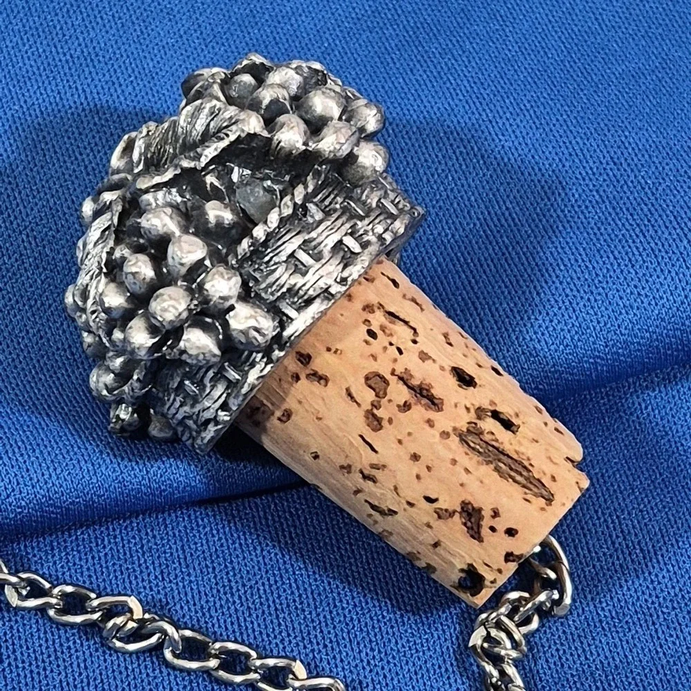 Vintage Made in Sommelier Pewter Wine Cork Stopper with Chain Ring Grape Cluster